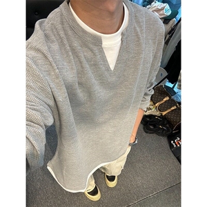 cleanfit简约风百搭高品感假两件亨利领长袖T恤男潮牌WY08图片