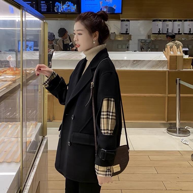 2021秋季新款韩版时尚潮流袖拼接格四粒扣双口袋百分百羊毛,女装其它,L·H·X