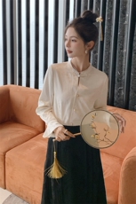 新款春装新中式盘扣改良长袖气质提花面衬衫衣，女装衬衫，秀美人生
