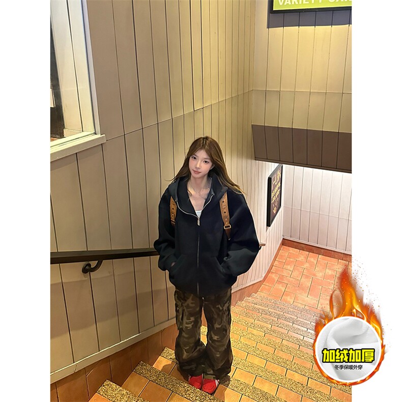480G重磅加绒硬挺boxy男女秋冬美式高街防风高领卫衣开衫厚外套,女装短外套,电商A486