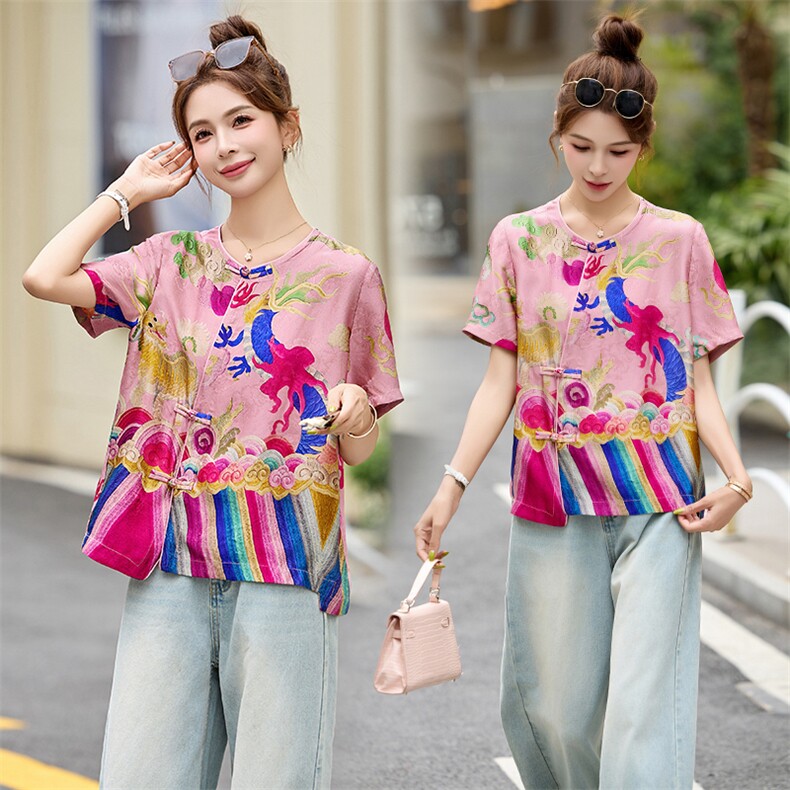 新中式国风香云纱圆领T恤上衣女装2025夏新款高级感提花改良唐装，女装连衣裙，布芭啦