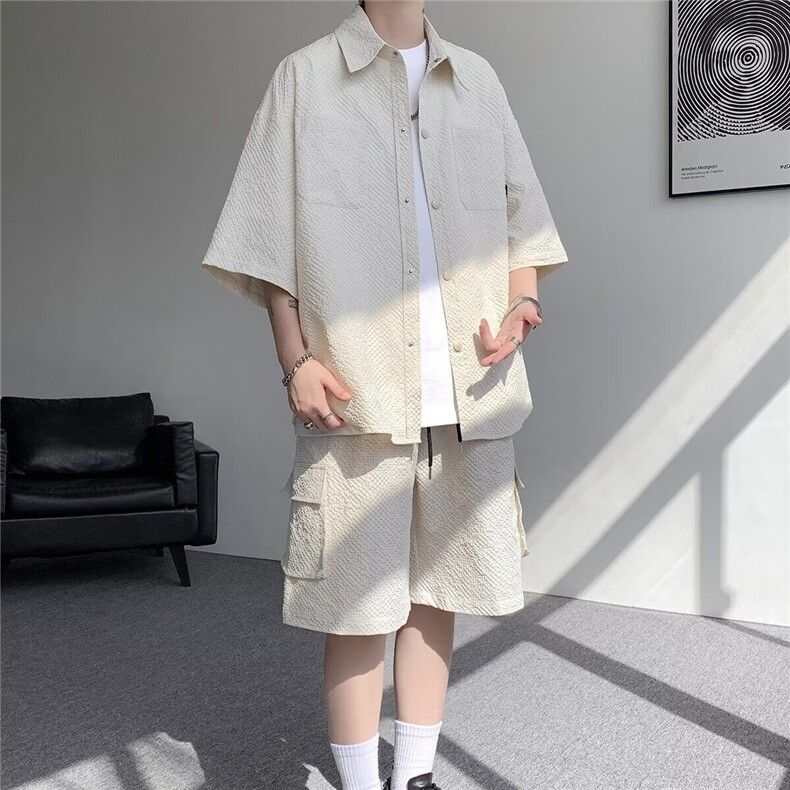 美式复古冰丝套装男夏季薄款机能速干工装短袖短裤酷帅穿搭两件套,男装休闲套装,星座1210-1