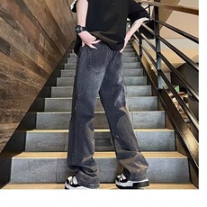 黑色牛仔裤男冬季美式高街复古阔腿裤秋冬款宽松直筒2026新款裤子，男装牛仔裤，星座1210-1