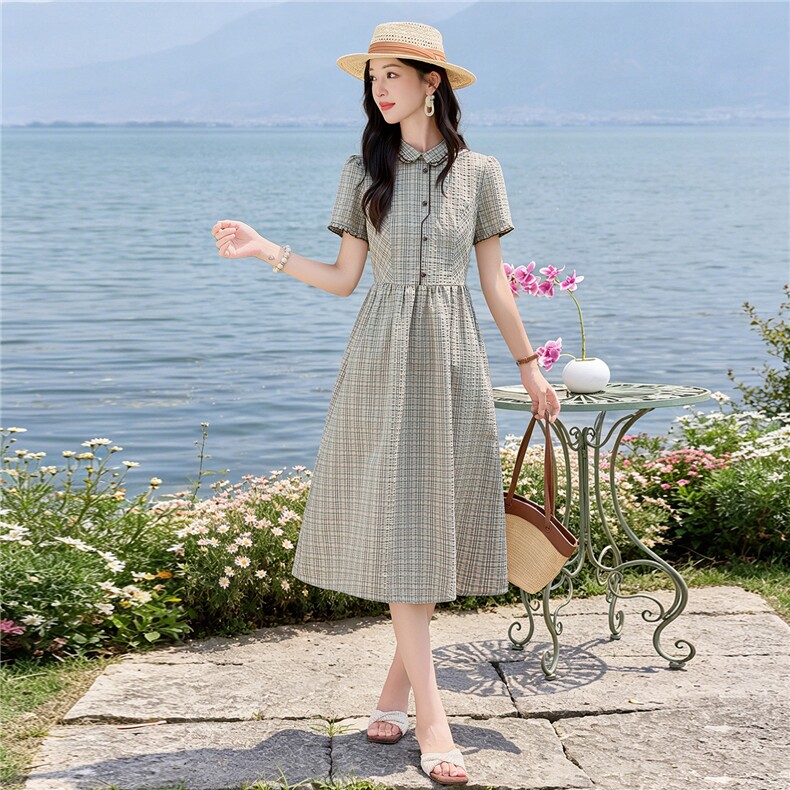 学院风格纹连衣裙女春夏收腰显瘦中长裙格子裙子,女装连衣裙,水衣源