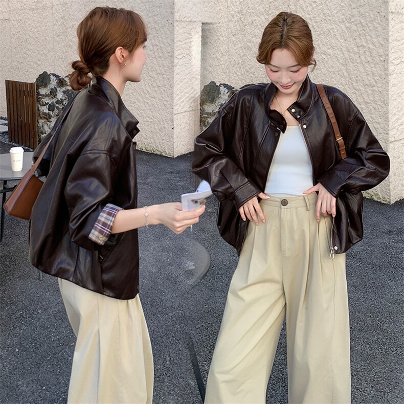 咖色格子拼接皮衣外套女秋季2025新款韩版宽松显瘦夹克上衣,女装短外套,纯色衣恋