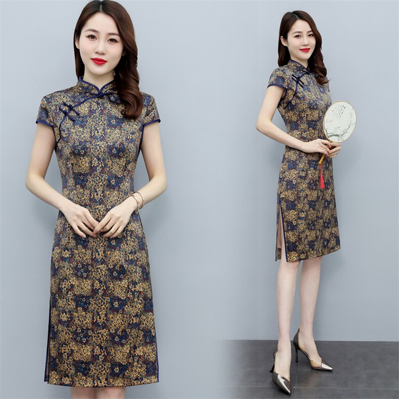 杭州丝绸弹力缎重磅真丝双层旗袍中长款气质显瘦婚礼服连衣裙,女装连衣裙,媚琳依坊