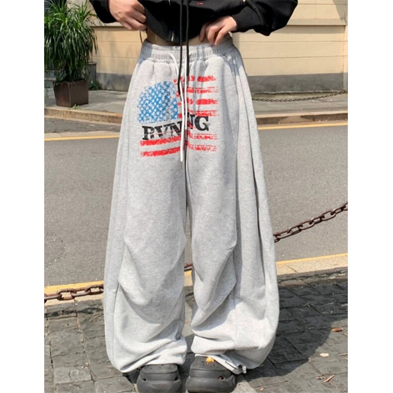 美式复古字母印花运动卫裤男女慵懒风阔腿休闲长裤 K5337图片
