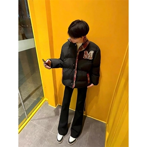 1506-1/M7001图/P92美式复古格子拼接羽绒棉服男女立领棉衣外套图片