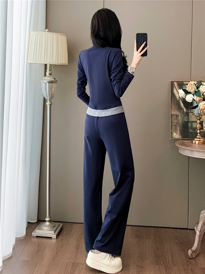 高品质时尚气质减龄套装女初秋新款拼接假两件上衣阔腿长裤两件套,女装套装/套裙,江南