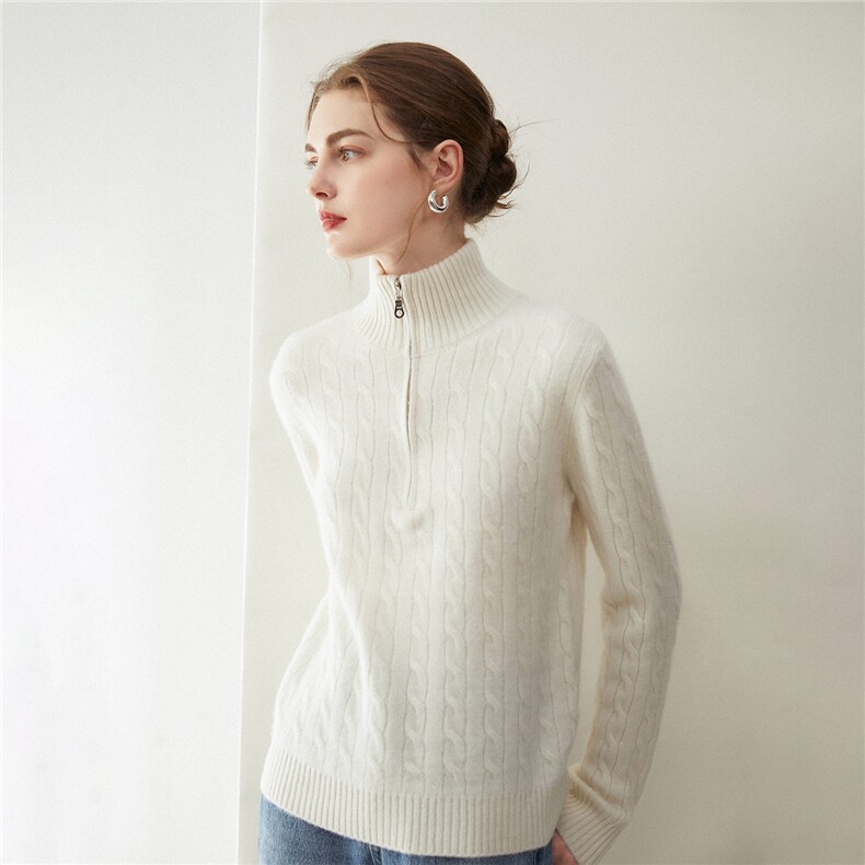 2025秋冬百搭时尚简约立领半拉链麻花老钱风针织羊绒衫，女装羊绒衫，米乐羊绒