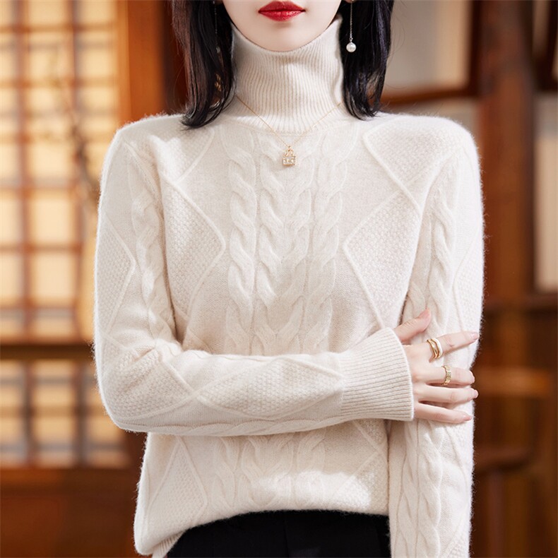 秋冬新款高领羊毛衫女士宽松慵懒纯色绞花加厚针织毛衣，女装羊毛衫，赛冬羊绒