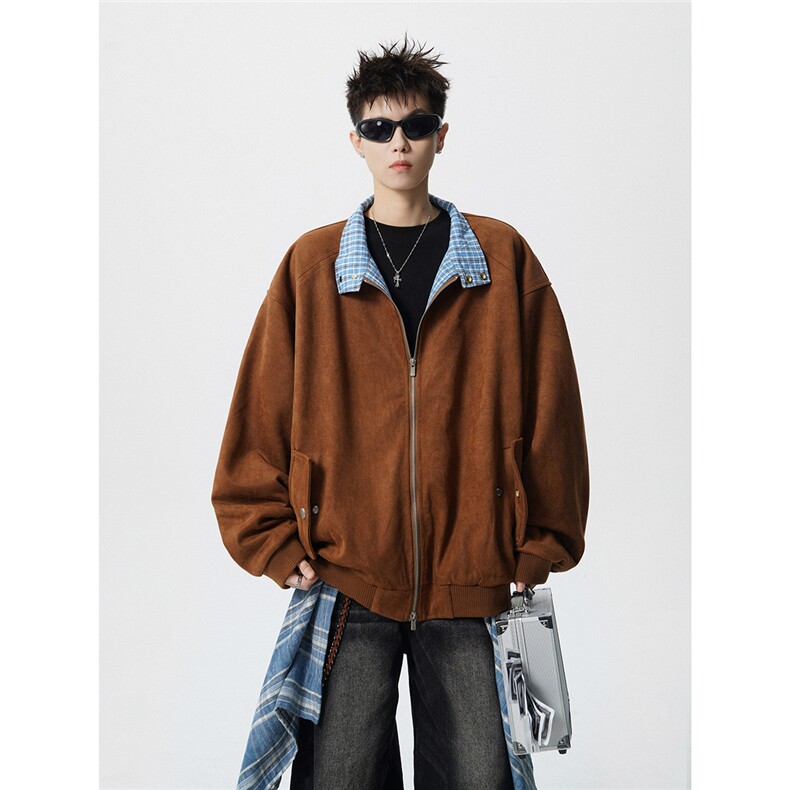 可二开格子拼接麂皮绒M-5XL大码两穿宽松夹克男JK78114P75控128，男装夹克，星座227-7