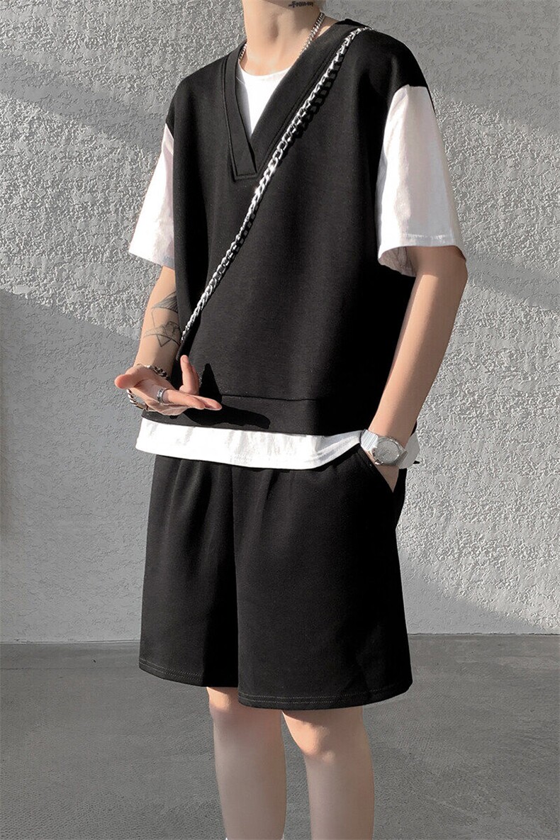 8XL-M高级感休闲运动套装男假两件短袖上衣阔腿裤短裤两件套TZ107,男装休闲套装,电商D206-1