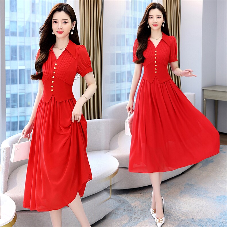 粉色雪纺连衣裙女夏2023新款高级感气质修身显瘦法式短袖绝美裙子，女装连衣裙，卡杰菲