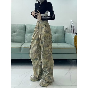 美式复古迷彩工装裤男女春秋季新款高腰显瘦束脚阔腿休闲裤-A9700图片