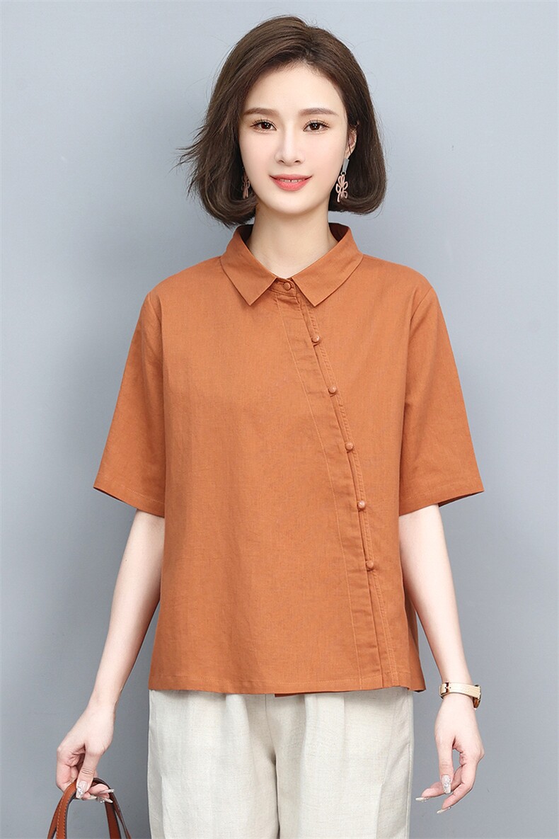 棉麻衬衫女2024夏季新款妈妈短袖衬衣中老年洋气亚麻薄款半袖上衣,女装衬衫,忆绮罗