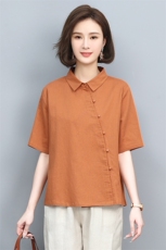 棉麻衬衫女2024夏季新款妈妈短袖衬衣中老年洋气亚麻薄款半袖上衣，女装衬衫，忆绮罗