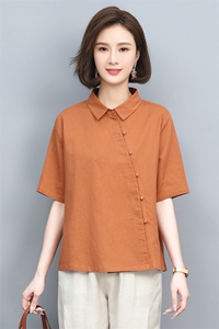棉麻衬衫女2024夏季新款妈妈短袖衬衣中老年洋气亚麻薄款半袖上衣图片