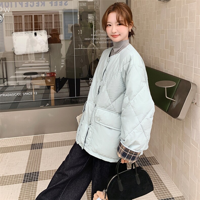 韩版时尚拼格纹轻薄款羽绒服女2025年冬季新款显瘦加厚白鸭绒外套，女装羽绒服，浙宝305