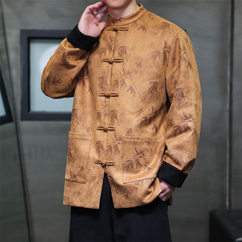 现货风新中式立领盘扣夹克竹叶烫金麂皮绒外套JK1818-P110控158,男装夹克,电商A021