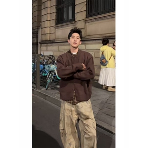 现货~龙叨叨老钱风假两件格纹拼接长袖针织开衫外套MY2573批88图片