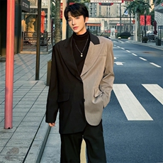 （）小众设计感不规则拼色西装外套垫肩西服潮5052-P108，男装西服，星座910-5