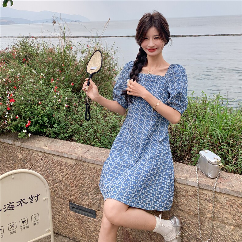 港风复古蓝色格子连衣裙女2025夏新款小个子宽松休闲泡泡袖A字裙,女装连衣裙,2C206