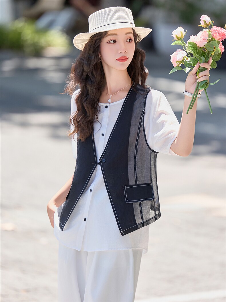 【2026夏季女装新款】时尚高级感撞色线马甲+衬衫+花苞裤三件套,女装套装/套裙,缘衣格
