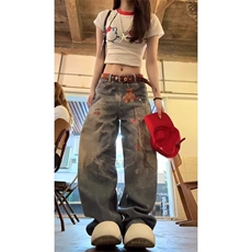 美式复古做旧印花牛仔裤女夏季辣妹时尚百搭宽松垂感显瘦阔腿长裤，男装牛仔裤，星座1210-1