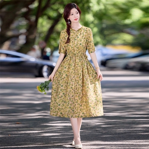 文艺温柔风碎花连衣裙女2026夏季短袖气质减龄收腰显瘦亚麻长裙子图片