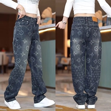 满印提花牛仔裤男秋季美式高街vibe直筒宽松阔腿潮牌痞帅炸街裤子，女装牛仔裤，星座218-8