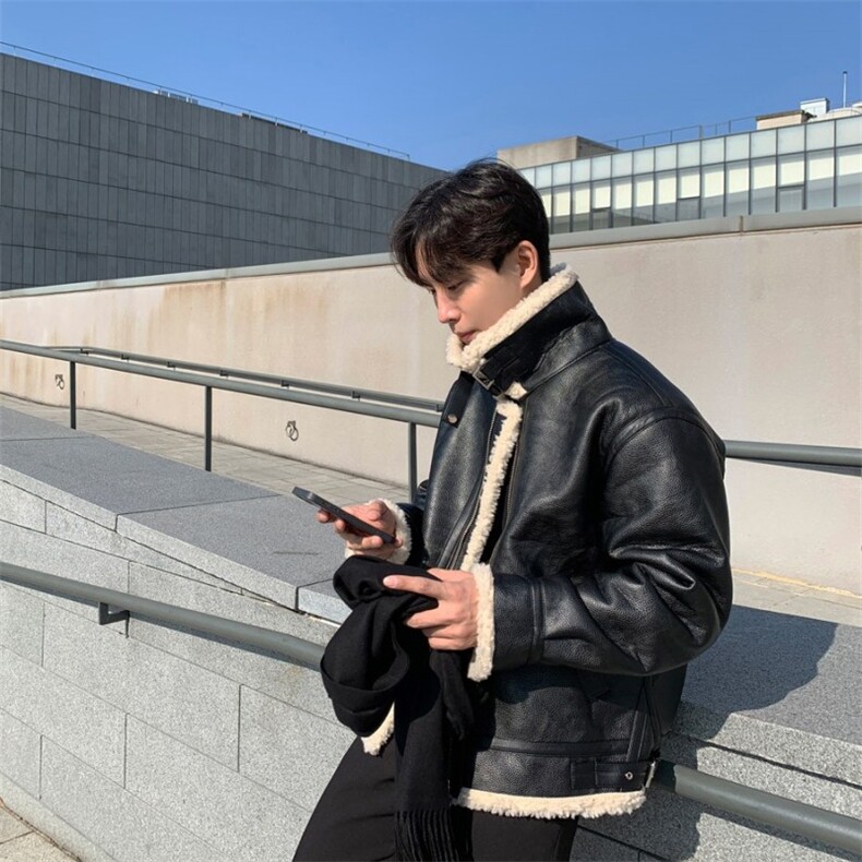 816B-PY020-P150冬季皮毛一体羊羔毛翻领立领皮衣宽松加厚外套，男装皮衣，星座816B
