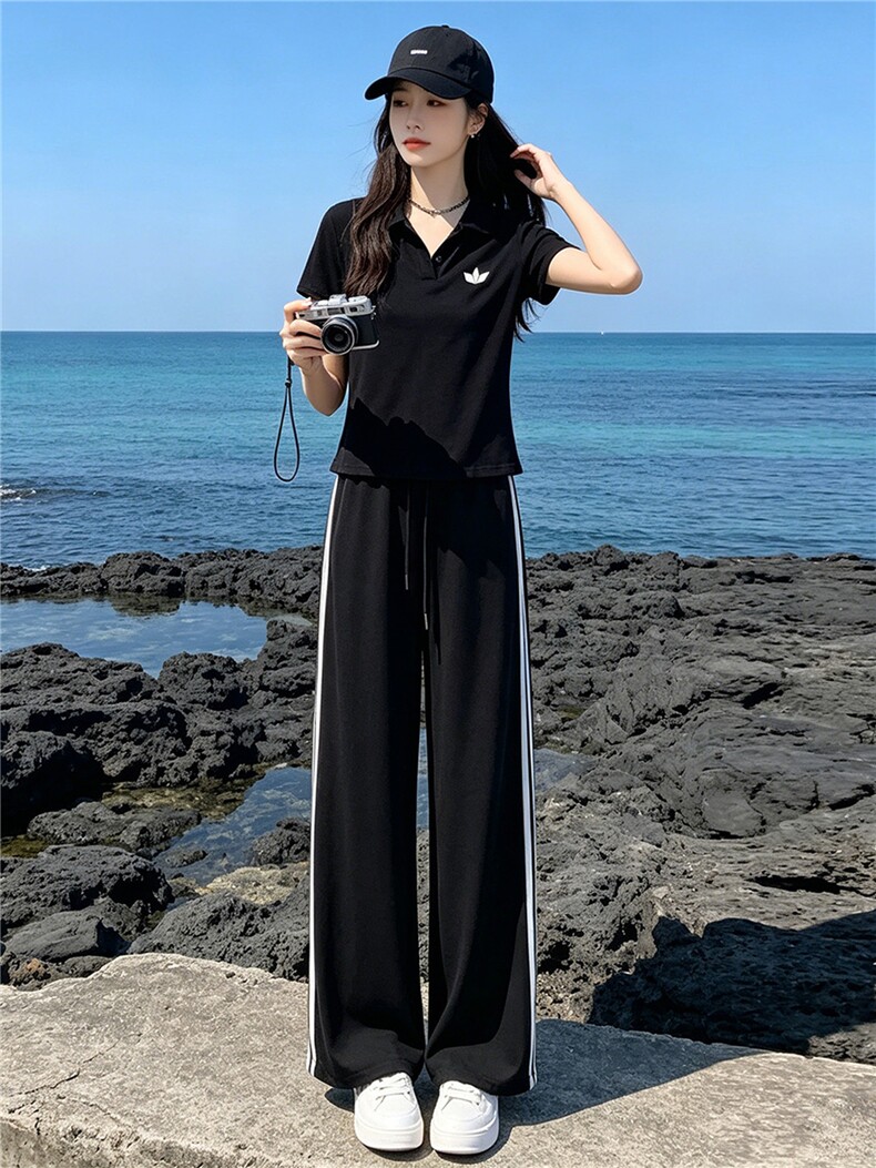 韩系穿搭一整套时尚套装女夏季新款撞色拼接半开领上衣长裤两件套,女装套装/套裙,江南