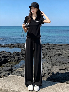 韩系穿搭一整套时尚套装女夏季新款撞色拼接半开领上衣长裤两件套图片