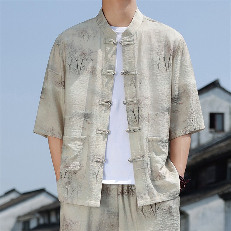 2025夏季新款风男装盘扣新中式唐装书法印花衬衫C108-P50,男装衬衫,电商B277(原6028)