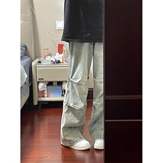 1506/Q72990/P47美式水洗做旧拼接阔腿宽松直筒休闲拖地长裤，男装休闲裤，星座1506