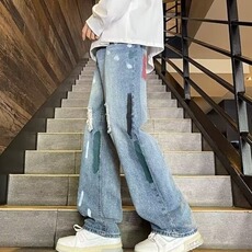 破洞牛仔裤男秋季薄款潮ins高街美式宽松直筒阔腿休闲长裤子水洗，男装牛仔裤，星座516A