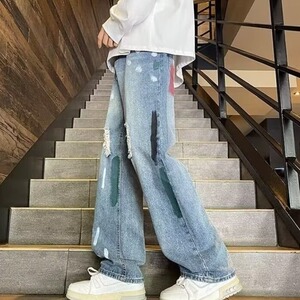 破洞牛仔裤男秋季薄款潮ins高街美式宽松直筒阔腿休闲长裤子水洗图片