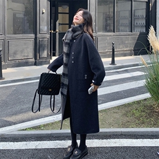 灰色围巾款双面毛呢外套女冬季新款韩版长款高级感气质羊毛大衣，女装毛呢外套，2D014
