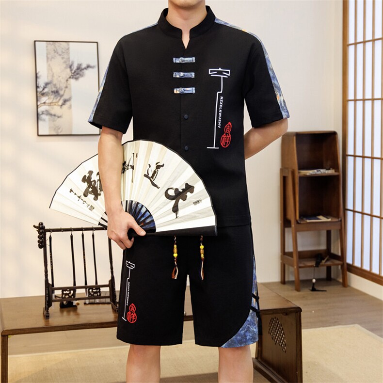 潮风套装男新中式短袖衬衫时尚休闲短裤两件套JZ306-P58,男装牛仔裤,星座310B-3
