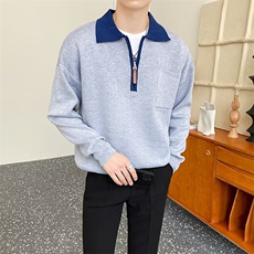 撞色翻领半拉链长袖针织polo衫毛衣男士休闲上衣外穿卫衣MB03，男装Polo衫，星座1116A-2（原606A-1）