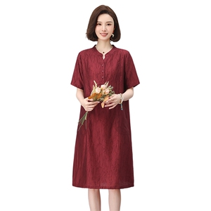 高端天丝短袖连衣裙女2025夏季新款洋气妈妈时尚大码宽松遮肚裙子图片