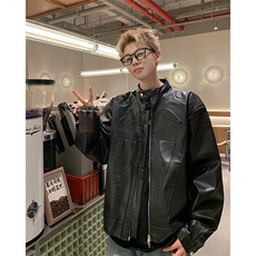 CL9660-P75痞帅Pu皮衣外套设计感潮牌双拉链垫肩皮夹克男机车服，男装夹克，电商C233