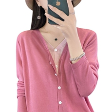 2025春夏新款开衫女V领假两件拼色针织薄款外搭宽松防晒百搭外套，女装针织衫/毛衣，秋虹羊绒