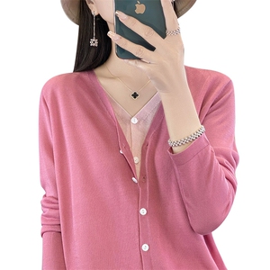 2025春夏新款开衫女V领假两件拼色针织薄款外搭宽松防晒百搭外套图片