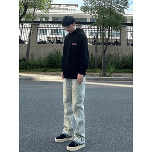 美式vibe风裤子高街水洗渐变黑灰色牛仔裤男款修身微喇工装直筒裤图片