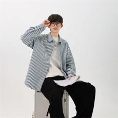 【敖瑞鹏代言】GENIOLAMODE杏色条纹日系长袖衬衫男秋季情侣衬衣，男装衬衫，电商A003