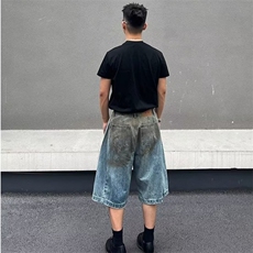 夏季新款廓形做旧水洗工艺牛仔五分短裤男韩版休闲宽松百搭裤子男，男装牛仔裤，星座506A