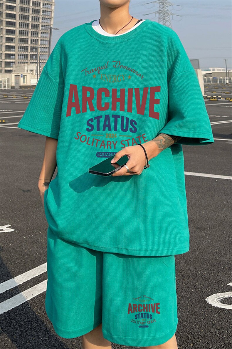 ！2025夏季新款男士华夫格短袖短裤套装透气一套HTZ80P50,男装T恤,电商B220