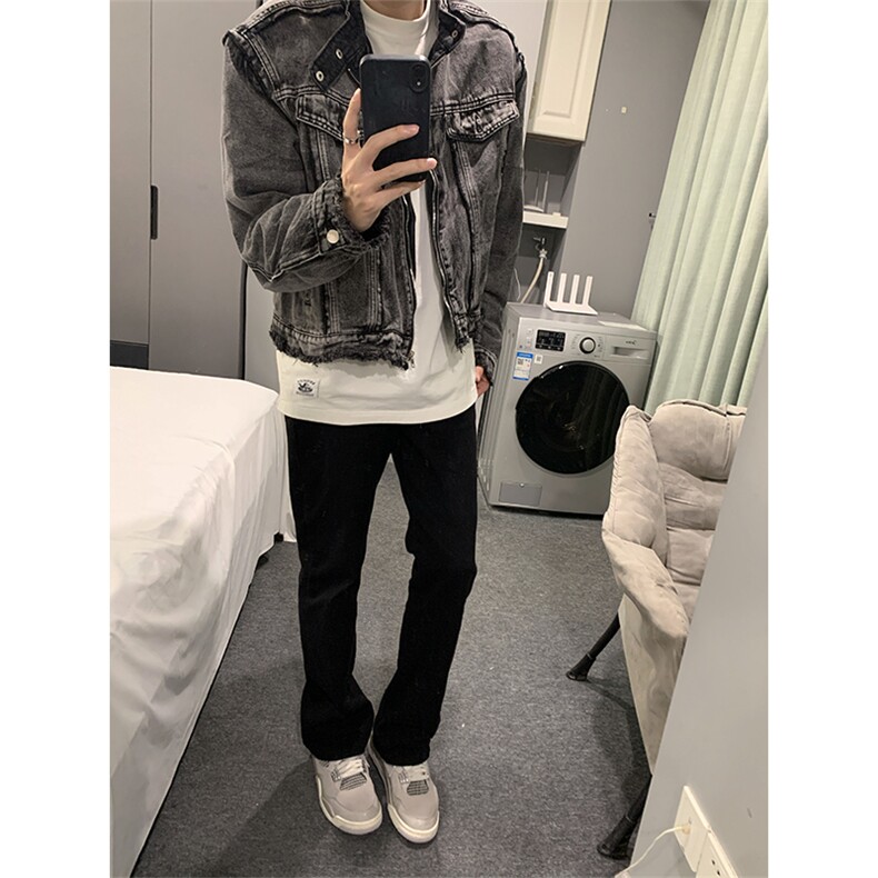 【自家图】现货春季美式毛边牛仔外套欧美街头垫肩复古短款夹克,男装工装外套,星座301D-2(原星座1004-1）